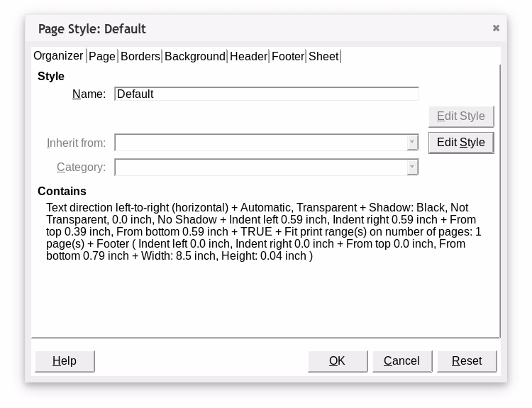 Screenshot of Page Style dialogue box from Calc