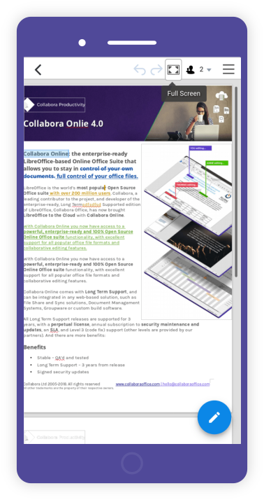Screenshot collabora Online 4.0 Mobile view doc