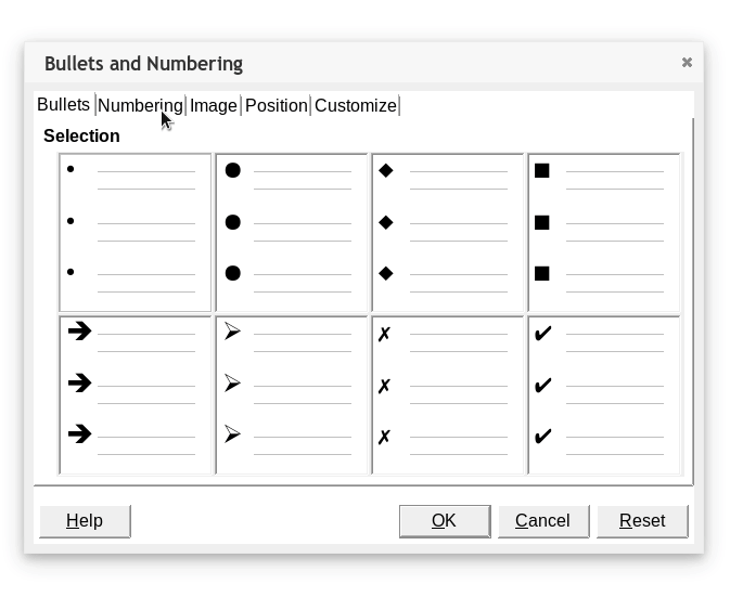 Animated Screenshot of Bullets and Numbering dialogue box from Impress