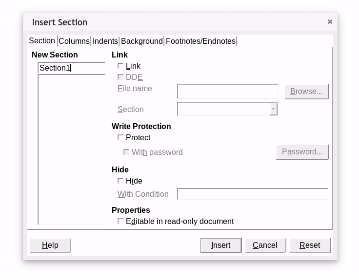 Screenshot of Insert Section dialogue box from Writer