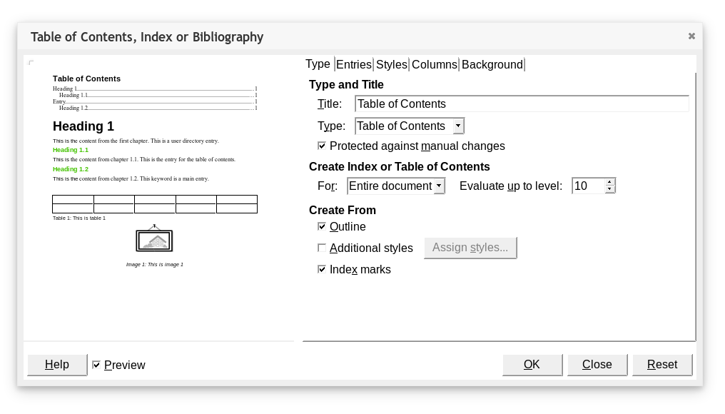 Dialogue box for inserting a table of contents in the Writer